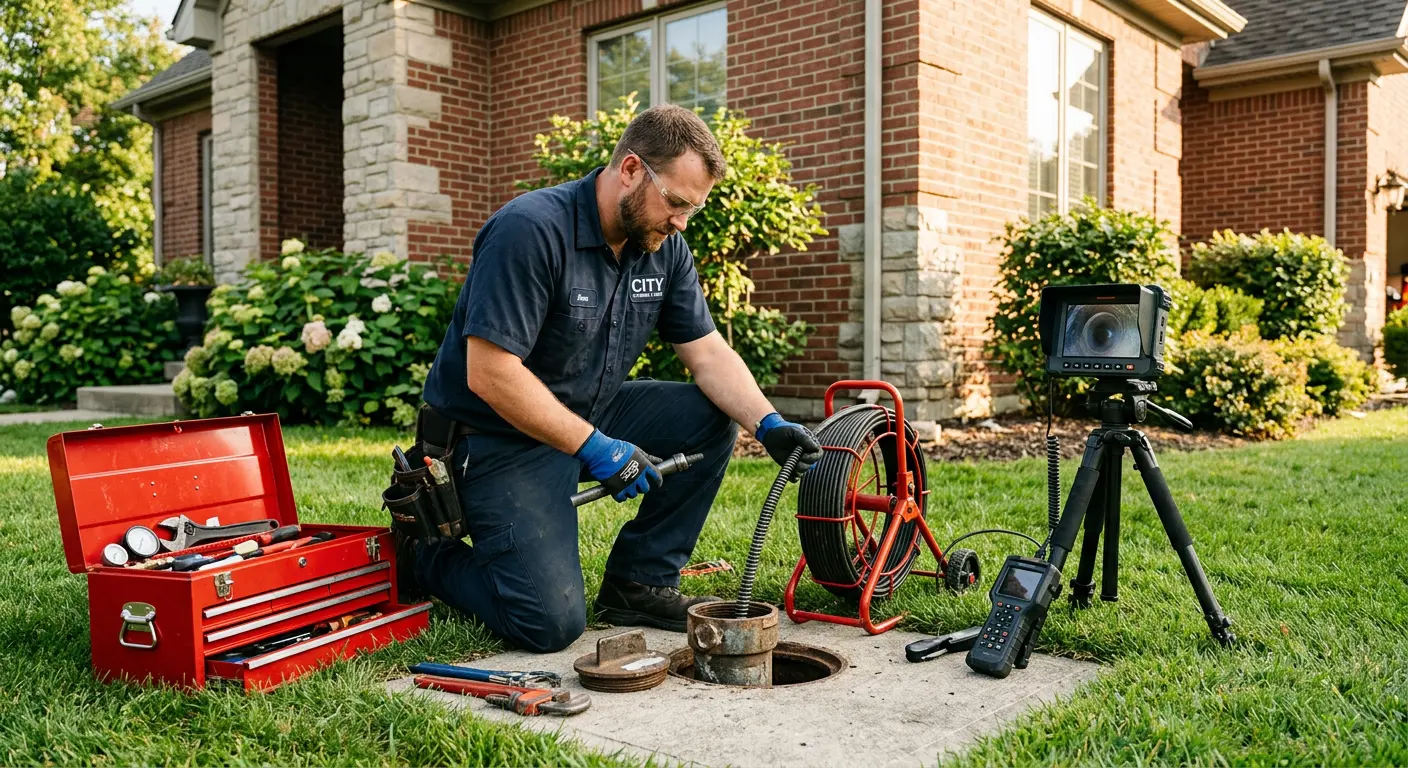 Sewer specialist with camera equipment servicing a cleanout in Ashland