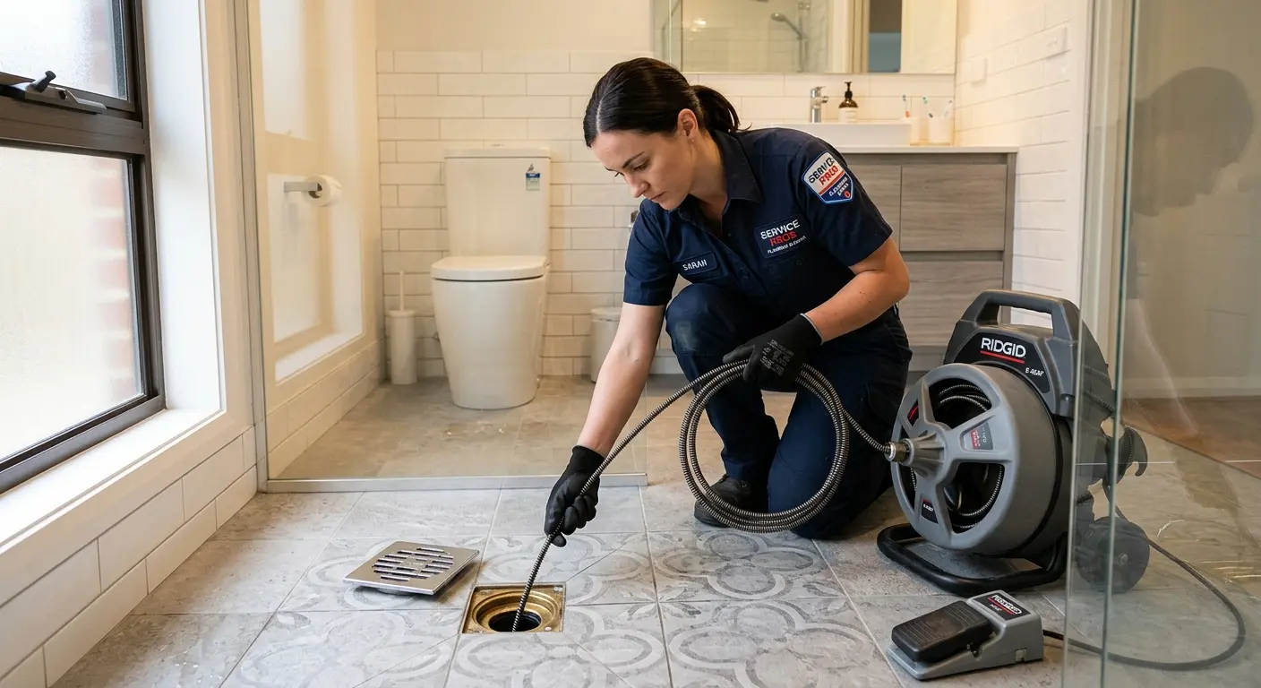 Technician clearing a bathroom floor drain for Sewer Line Installation in Ashland